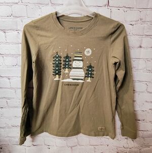 Life is Good Crusher " Snow Man Trees" Long Sleeve Green T Shirt M Loungewear